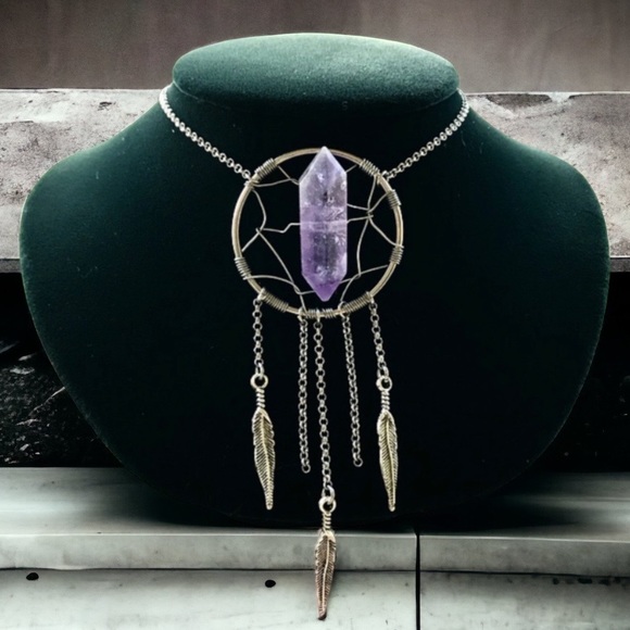 Dream catcher necklace . Genuine amethyst crystal gemstone boho wire wrap stones - Picture 3 of 8